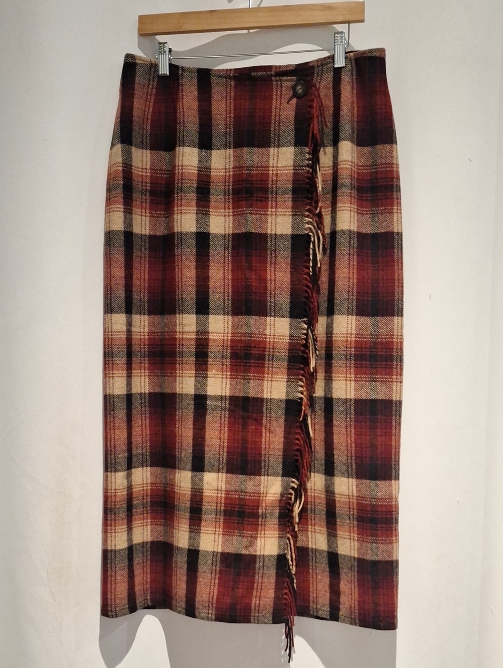 Eddie Bauer Wool Blend Plaid Wrap Midi Skirt in Burgundy and Cream